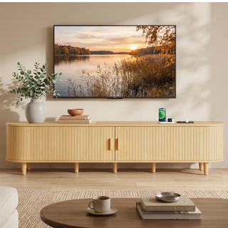 Easoger 80" Sliding Door TV Stand with Charging Station, Fluted Vertical Grille Wood Entertainment Center, Curved Oval Shape Storage Cabinet,Oak