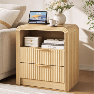 Easoger Fluted Nightstand with Charging Station, 19.7" Wide Bedside Table with USB & Type-C Ports, 2 Drawers & Open Shelf, Curved Oak End Table for Bedroom