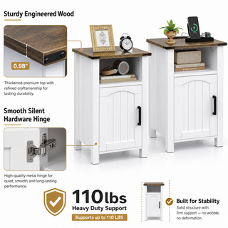 Easoger Set of 2 Farmhouse Nightstand with Charging Station, Modern End Tables with Drawer & Cabinet, USB & Type-C Ports, Wood Rustic Bedside Table for Bedroom, White + Walnut