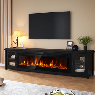 90" Electric Fireplace TV Stand, Alexa & Wi-Fi Controlled Entertainment Center with Glass Door Cabinets, Fits TV up to 100", 12 Flame Colors & 5 Brightness Levels, Black