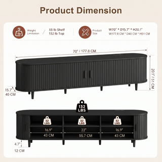 Easoger 70" Sliding Door TV Stand with Charging Station, Fluted Vertical Grille Wood Entertainment Center, Curved Oval Shape Storage Cabinet,Black