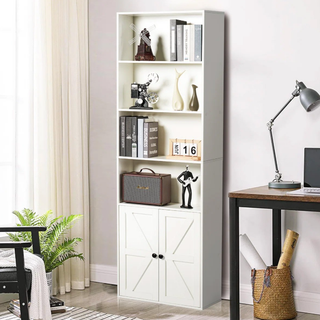 Easoger 6-Tier Barn Door Bookshelf with Hidden Storage, Tall Narrow Bookcase with Magnetic Lock, 71" Freestanding Display Shelf for Living Room, Study, Bedroom（White single）