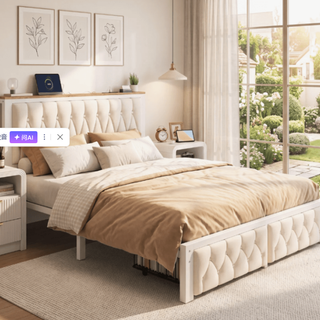 Easoger Full Size Upholstered Platform Bed Frame with 2 Storage Drawers, Charging Station, Noise-Free Metal Slat Support, No Box Spring Needed, Beige Linen