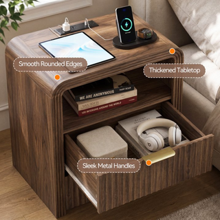 Easoger Set of 2 Fluted Nightstand with Charging Station, 19.6" Wide Bedside Table with USB & Type-C Ports, 2 Drawers & Open Shelf, Curved Walnut wood End Table for Bedroom