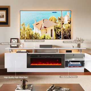 Oneinmil Fireplace TV Stand with 36” Electric Fireplace, Entertainment Center for TVs up to 90", LED Lights Entertainment Center, TV Console, White