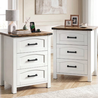 Easoger Set of 2 Farmhouse 3-Drawer Nightstands with Charging Station & USB-C, 18" Wide Rustic White Wood Bedside Table for Bedroom