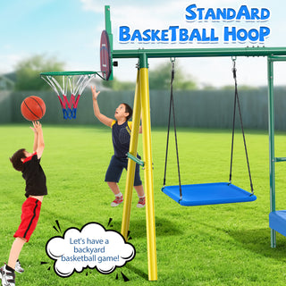 Metal Swing Sets for Backyard,Heavy-Duty Outdoor Kids Playsets for Playground,Outside Toys with Trampoline, Platform Swing, 2 Swings and Basketball Hoop for Aged 3-12