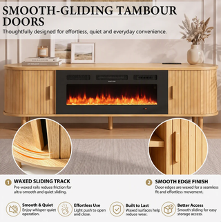Easoger 70" Fluted Fireplace TV Stand, Mid Century Modern Entertainment Center with 36" Electric Fireplace for TVs up to 75", Console with Sliding Doors & Solid Wood Legs for Living Room,Oak