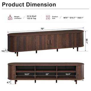Easoger 70" Sliding Door TV Stand with Charging Station, Fluted Vertical Grille Wood Entertainment Center, Curved Oval Shape Storage Cabinet,Brown