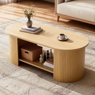 Easoger 47" Oval Coffee Table with 2-Tier Storage, Mid-Century Modern Center Table with Fluted Pedestal Base, Wooden Side Table for Living Room, Home Office
