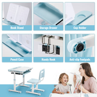 Kids Desk and Chair Set Height Adjustable School Study Desk and Chair with 55° Tiltable Desktop, 3 Modes&3 Brightness LED Lamps, Storage Drawer and Metal Hook for Boys Girls,Blue