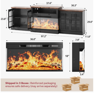 Easoger 97" TV Stand with Electric Fireplace, 3-Sided Glass Display Media Console for Over 100" TVs, Large Storage with Glass Doors & Shelves, LED Backlight, Walnut + Black Oak