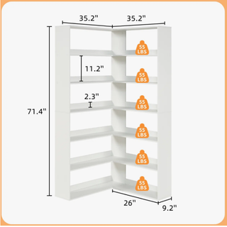 Easoger 35.2 inch 6-Tier Corner Bookshelf with Baffles, L-Shaped Tall Bookcase for Home Office, Space-Saving Storage Shelf with Anti-Tip Device for Bedroom Living Room, White