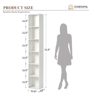 Easoger 6-tier Tall Narrow Bookshelf, 71.5" Coner Bookcase with Storage Space for Home Office, White