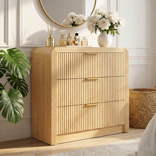 Easoger 19.7" Fluted Nightstand with Charging Station, 3 Drawers Modern Bedroom Side Table with USB-C & Gold Handles, Natural Oak