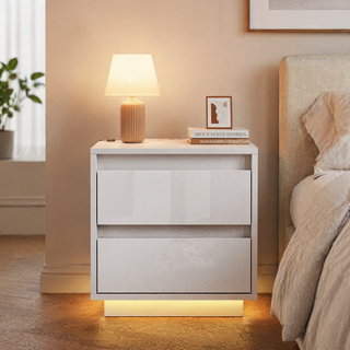 Easoger Nightstand Set of 2 with LED Lights, 2 Drawers & USB Ports, Modern End Tables for Bedroom Living Room, White