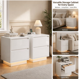 Easoger Nightstand Set of 2 with LED Lights, 2 Drawers & USB Ports, Modern End Tables for Bedroom Living Room, White