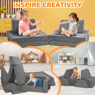 8pcs Modular Kids Play Couch,DIY Creativing Kids Explorer Floor Sofa , Versatile Convertible Foam and Floor Cushion for Toddlers Boys and Girls, Gray