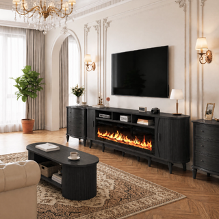 Easoger 97" Mid-Century Modern Fireplace TV Stand with 60" Electric Fireplace, 12 Color Flames & Dual Heat Settings, Large Entertainment Center for TV, Storage Cabinets & Shelves