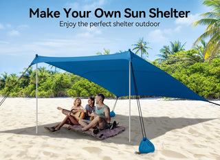 Vibemo Beach Tent, Camping Sun Shelter 10 x 10ft, with 4 Sandbags, UPF50+, Includes Sand Shovel, Ground Pegs & Stability Poles, Pop Up Beach Canopy Sunshade for Fishing, Backyard Fun or Picnics