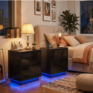 Easoger Nightstand Set of 2 with LED Lights, 2 Drawers & USB Ports, Modern End Tables for Bedroom Living Room, Black