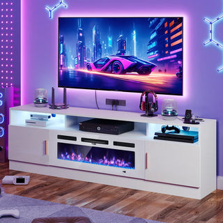 Easoger 80" Fireplace TV Stand, Gaming Media Console with 12 Color LED Backlights & 3 Outlets, Storage Shelves & Cabinets, White