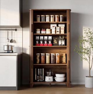 Easoger 69" Tall Kitchen Pantry Storage Cabinet with Sliding Door, Modern Curved Edge Pantry Cabinet with 5 Shelves for Dining Room, Walnut