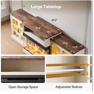 Easoger 97" TV Stand with Electric Fireplace, 3-Sided Glass Display Media Console for Over 100" TVs, Large Storage with Glass Doors & Shelves, LED Backlight, White + Light Walnut