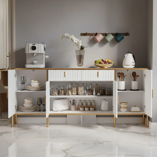 Easoger 60" Sideboard Buffet Cabinet with Gold Accents, Modern Fluted Storage Cabinet for Living Room Dining Room, Adjustable Shelves,White