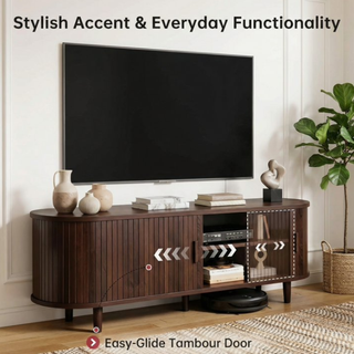 Easoger 65" Sliding Door TV Stand with Charging Station, Fluted Vertical Grille Wood Entertainment Center, Curved Oval Shape Storage Cabinet,Walnut