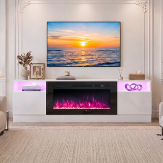 Easoger 80” Fireplace TV Stand for TVs up to 90", TV Stand with 36'' Electric Fireplace, LED Lights Entertainment Center, TV Console,White