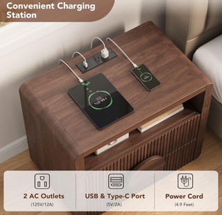 Easoger Nightstand with Charging Station, 24" H 2-Drawer Side Table with USB & Type-C Ports, Slatted Wood End Table for Bedroom Living Room Office, Walnut