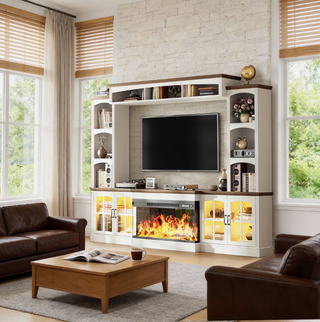 Easoger 98" Wall Unit Entertainment Center with 3-Sided Electric Fireplace, Farmhouse TV Stand for TVs Up to 70", Large Storage with Glass Doors & Shelves, White+Light Walnut