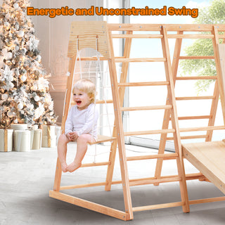 Indoor Baby Climbing Toys, Playground Jungle Gym Montessori Waldorf Style Wooden Toddlers Climber Playset for Children Kids 2-7 with Slide, Climbing Wall, Rope Wall Net, Swing, Ladder