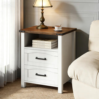 Evmore 2-Drawer Nightstand Set with Charging Station, 18" Farmhouse Bedside Tables with Open Storage Shelf & USB-C, White and Walnut Wood End Tables for Small Bedrooms