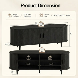 Easoger 58" Sliding Door TV Stand with Charging Station, Fluted Vertical Grille Wood Entertainment Center, Curved Oval Shape Storage Cabinet,Black