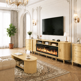 Easoger 97" Mid-Century Modern Fireplace TV Stand with 60" Electric Fireplace, 12 Color Flames & Dual Heat Settings, Large Entertainment Center for TV, Storage Cabinets & Shelves