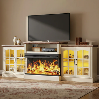 Easoger 97" TV Stand with Electric Fireplace, 3-Sided Glass Display Media Console for Over 100" TVs, Large Storage with Glass Doors & Shelves, LED Backlight, White + Light Walnut
