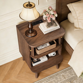 Easoger Set of 2 Fluted Walnut Nightstands with Charging Station, Mid-Century Modern Bedside Tables with Sliding Tambour Doors, Storage Cabinet & Open Shelf for Bedroom