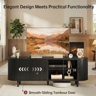 Easoger 58" Sliding Door TV Stand with Charging Station, Fluted Vertical Grille Wood Entertainment Center, Curved Oval Shape Storage Cabinet,Black