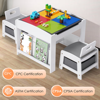 Kids Table and Chair Set,2 in 1 Detachable Tabletop Construction Play Table Set for Drawing, Reading,Build Blocks,with Bookshelves and Storage Drawer,White Grey