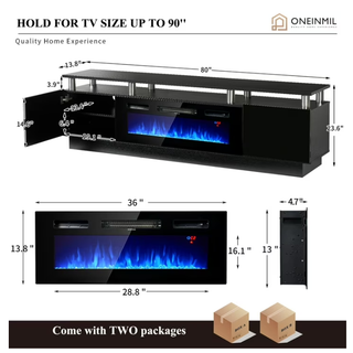 Easoger Fireplace TV Stand with 36” Electric Fireplace, Entertainment Center for TVs up to 90", LED Lights Entertainment Center, TV Console, Black