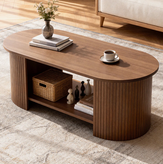 Easoger 42.5" Oval Coffee Table with 2-Tier Storage, Mid-Century Modern Center Table with Fluted Pedestal Base, Wooden Side Table for Living Room, Home Office,Walnut