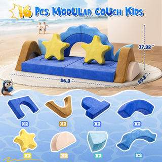 EVMORE 16PCS Modular Kids Play Couch Furniture, Sea World Theme Foam Children Sofa Couch for Girls Boys, DIY Creativing Modular Sofa, Modern Floor Couch