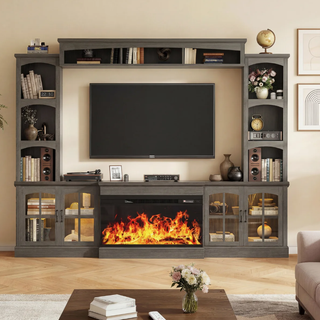 Easoger 98" Wall Unit Entertainment Center with 3-Sided Electric Fireplace, Farmhouse TV Stand for TVs Up to 70", Large Storage with Glass Doors & Shelves, Gray