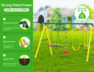 Metal Swing Sets for Backyard,Heavy-Duty Outdoor Kids Playsets for Playground,Outside Toys with Saucer Swing, Glider, Rope Swing, and Basketball Hoop for Aged 3-12