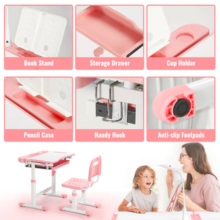 Kids Desk and Chair Set Height Adjustable School Study Desk and Chair with 55° Tiltable Desktop, 3 Modes&3 Brightness LED Lamps, Storage Drawer and Metal Hook for Boys Girls,Pink