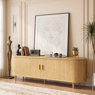 Easoger 65" Sliding Door TV Stand with Charging Station, Fluted Vertical Grille Wood Entertainment Center, Curved Oval Shape Storage Cabinet, Oak