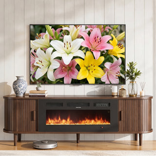 Easoger 70" Fluted Fireplace TV Stand, Mid Century Modern Entertainment Center with 36" Electric Fireplace for TVs up to 75", Media Console with Sliding Doors & Solid Wood Legs for Living Room.Walnut