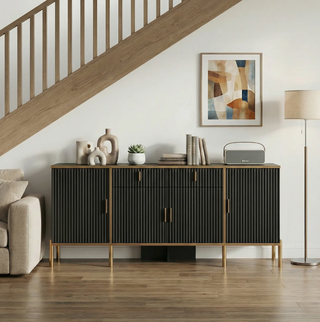Easoger 60" Sideboard Buffet Cabinet with Gold Accents, Modern Fluted Storage Cabinet for Living Room Dining Room, Adjustable Shelves,Black